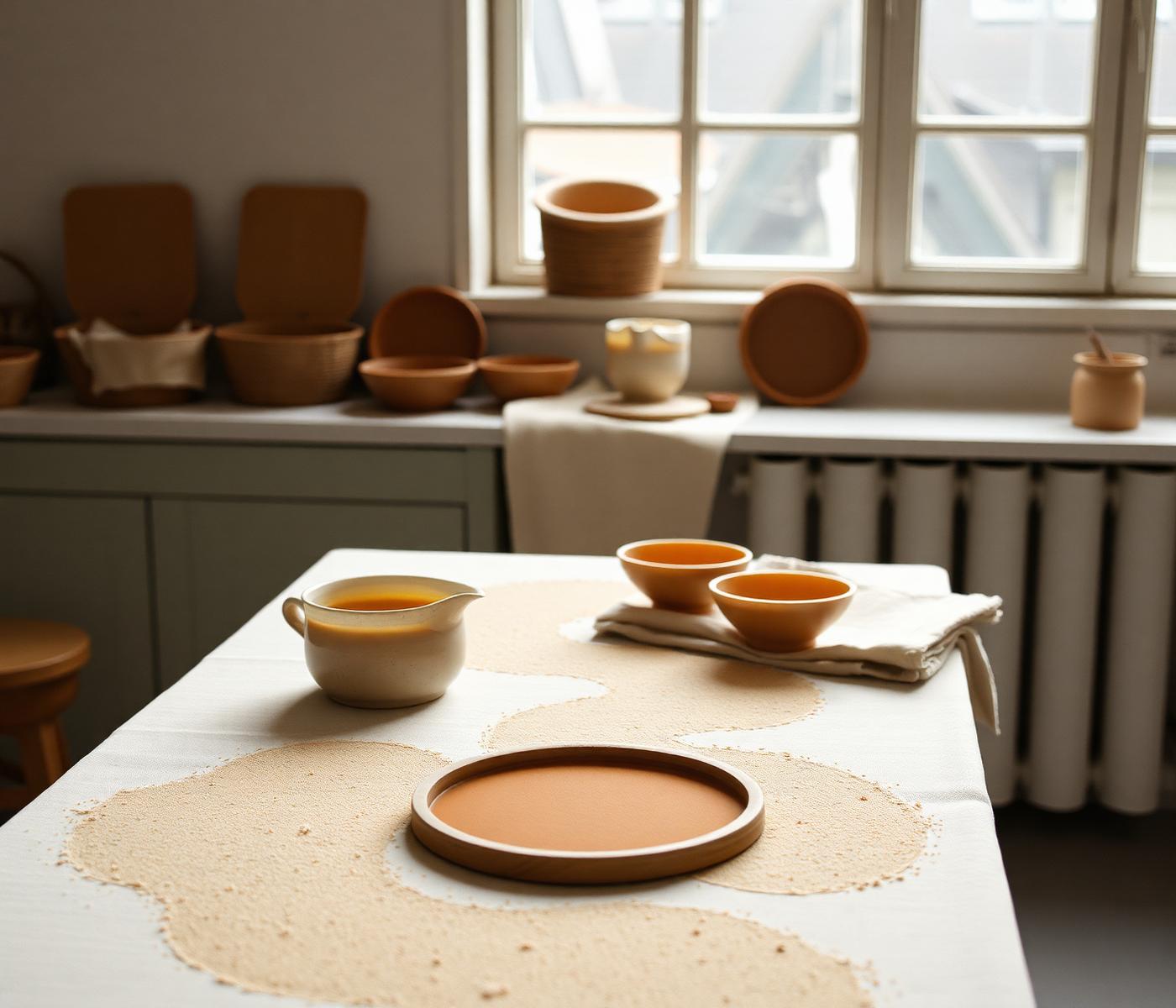 The Woo Wei studio table with pouring pitcher, moulds and linen